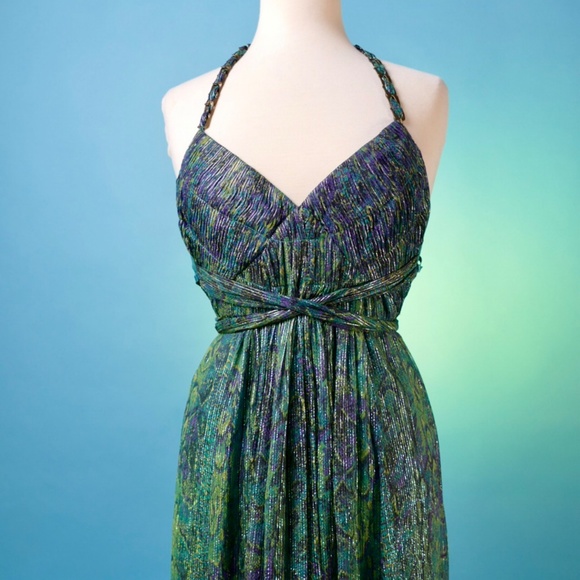 BCBG Max Azria Silk Metallic Snake Print Halter Maxi with Chain Detail - Picture 3 of 7